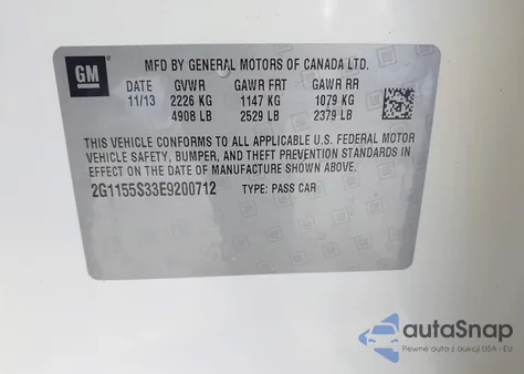 2014 Chevrolet Impala 2Lz from USA, damaged, VIN 2G1155S33E9200712